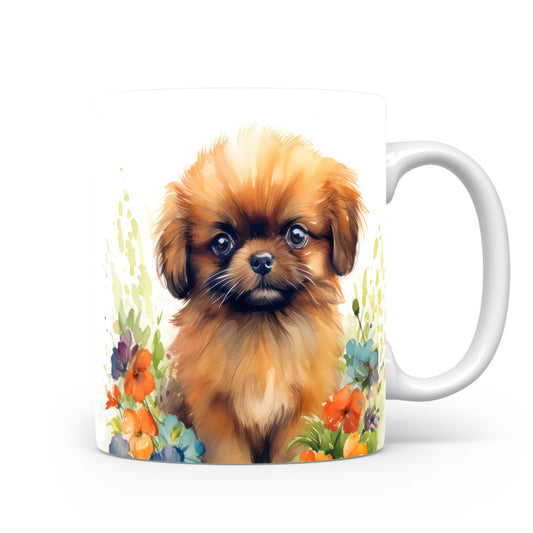 Hrnek s pekingese a květinovým vzorem v hnědých tónech