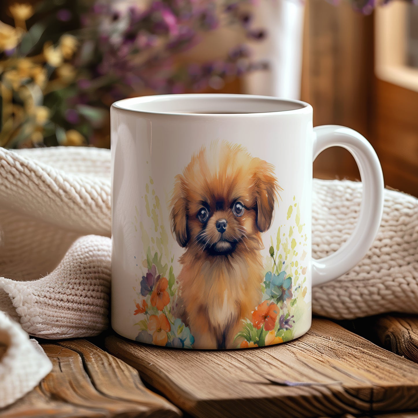 Hrnek s pekingese a květinovým vzorem v hnědých tónech