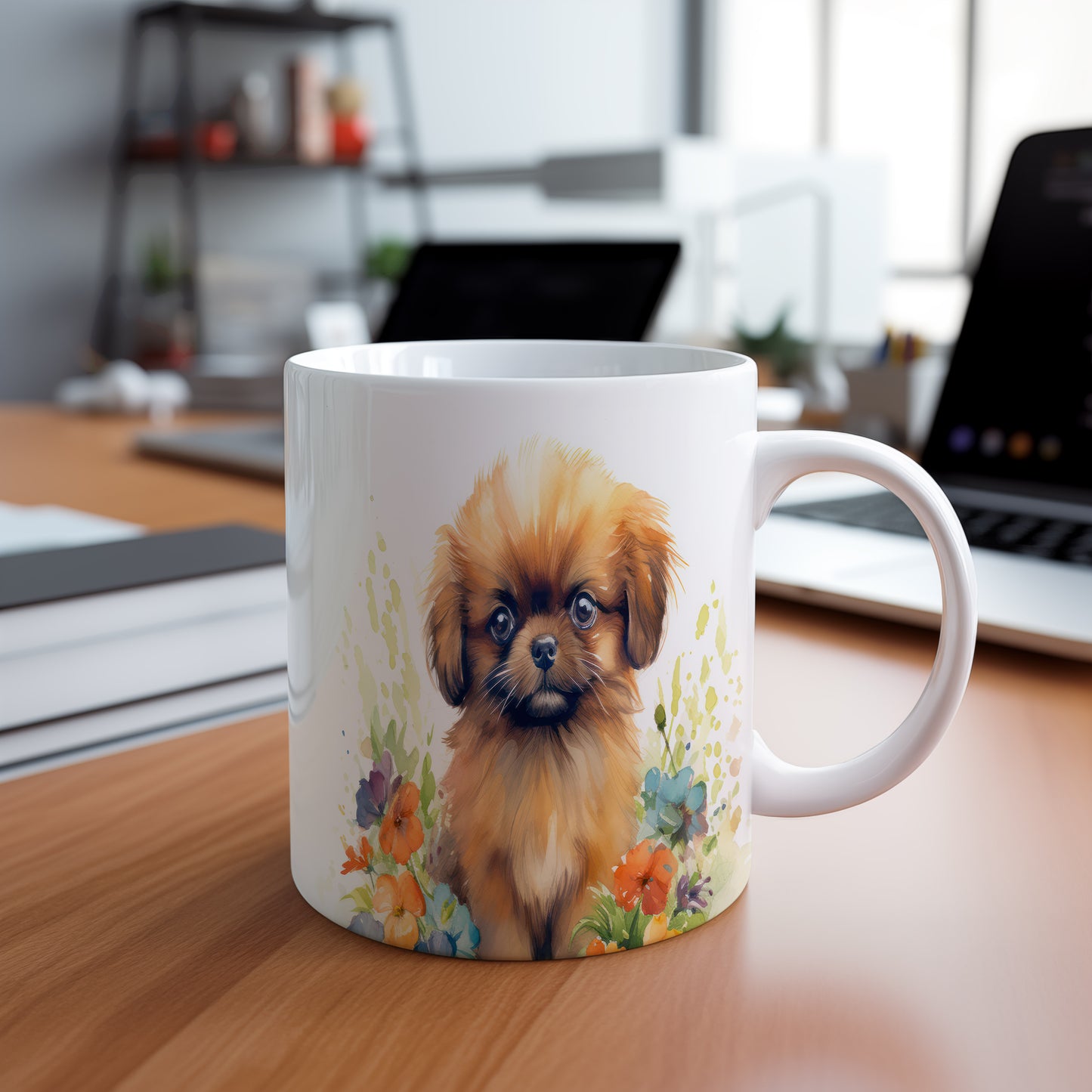 Hrnek s pekingese a květinovým vzorem v hnědých tónech