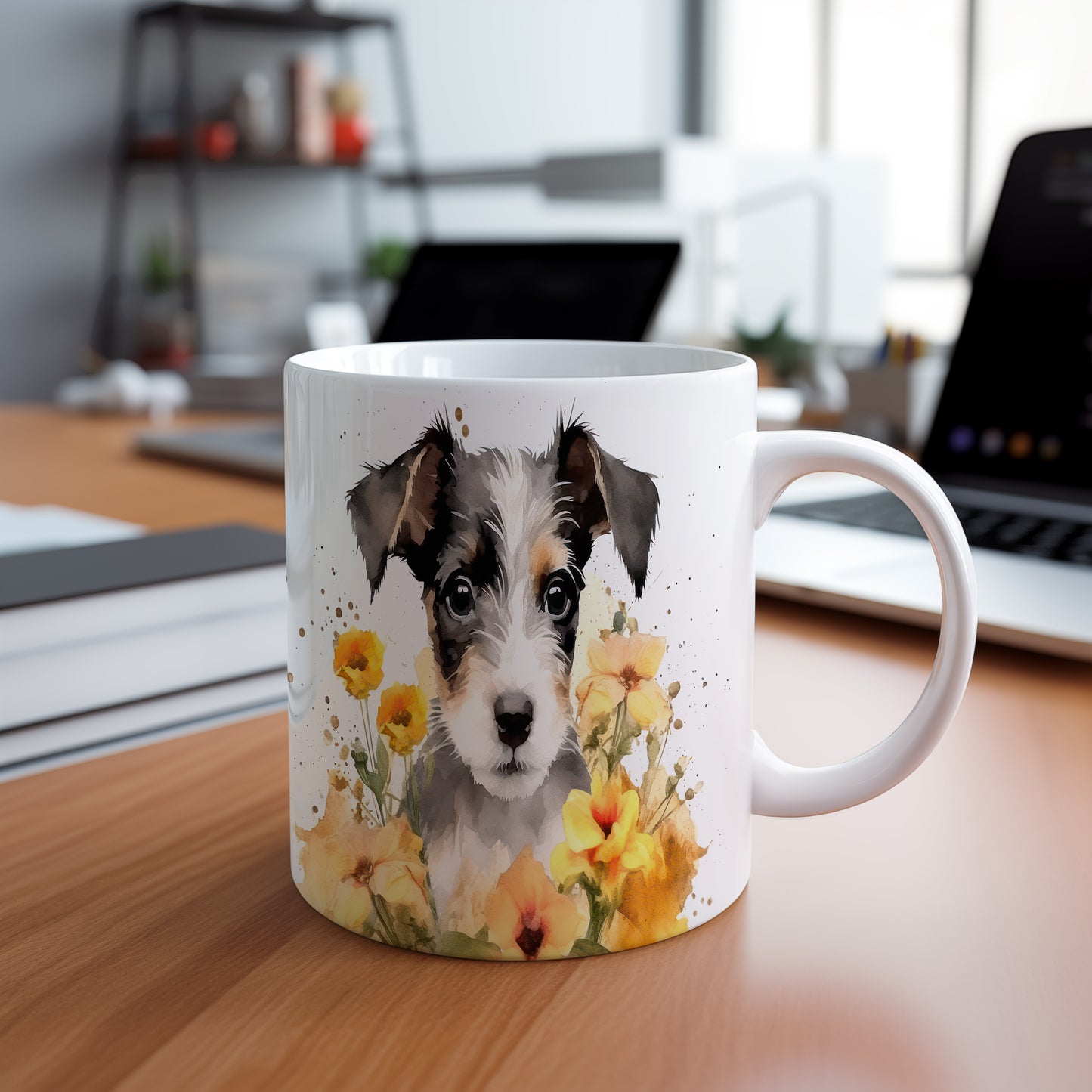 Hrnek s portrétem štěněte a květinami - originální design