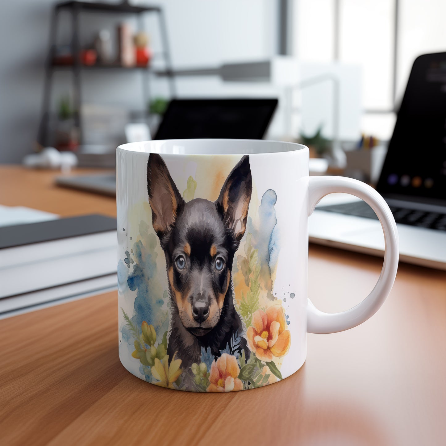 Hrnkový design s roztomilým štěnětem a květinami