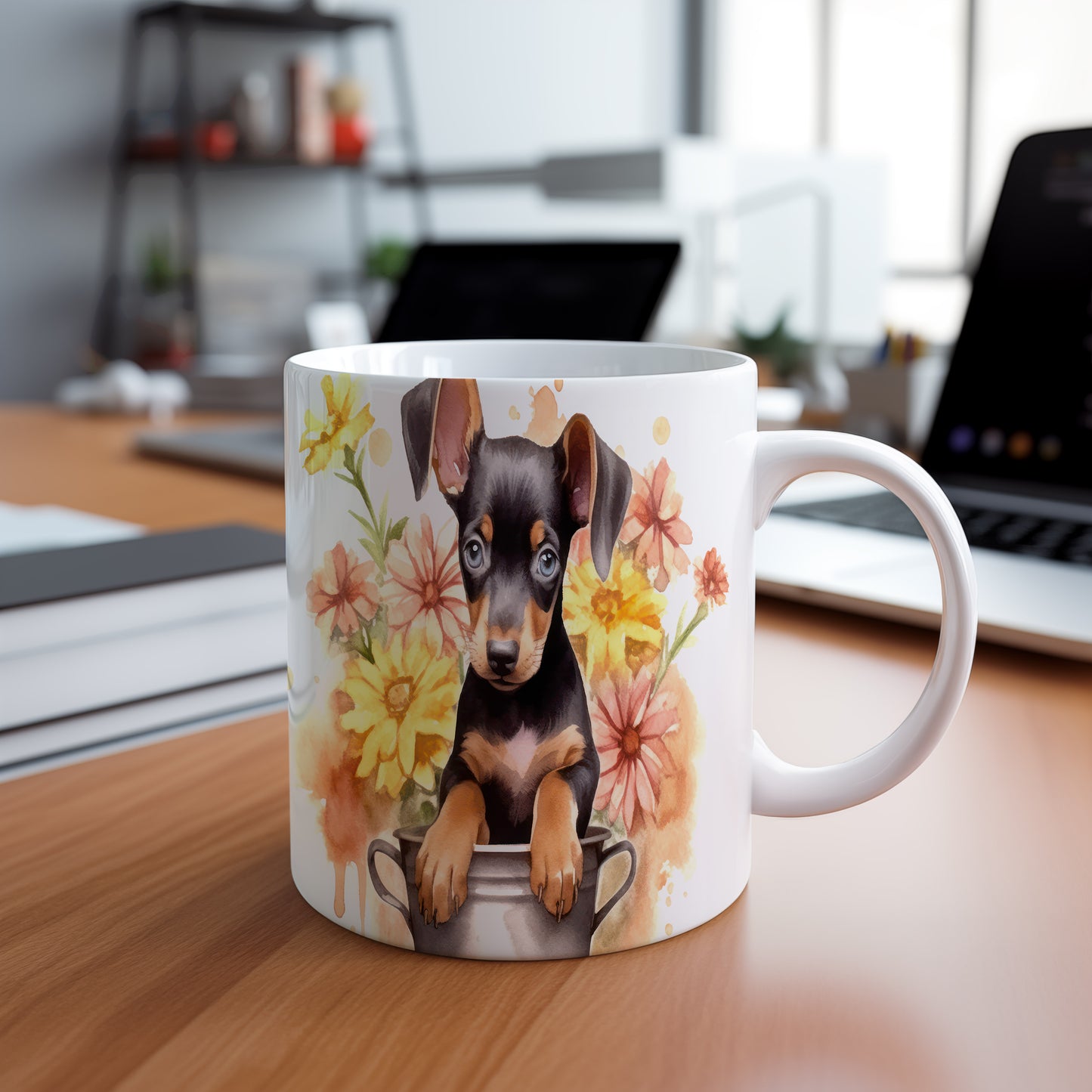 Hrnkový design s roztomilým štěňátkem a květinami