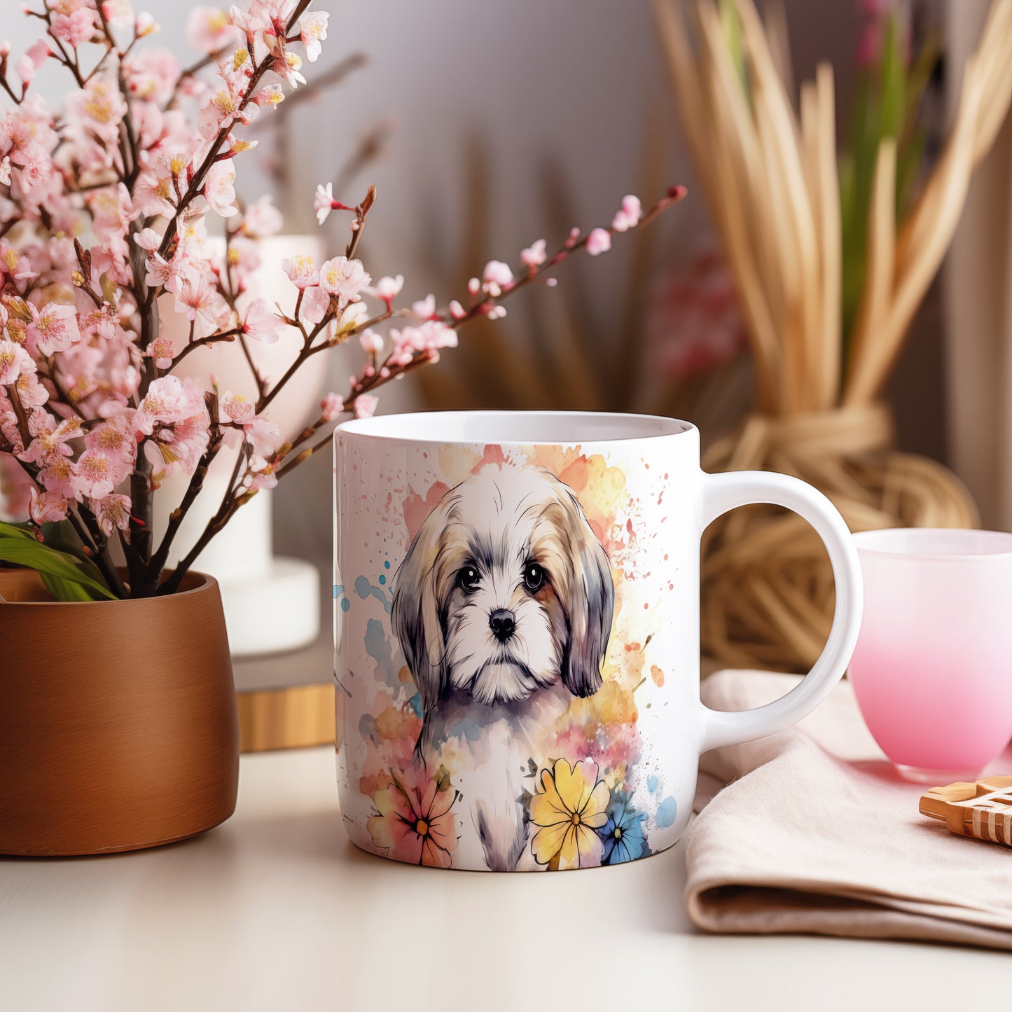 Hrnek s ilustrací štěněte a květin - originální dárek – krásný design