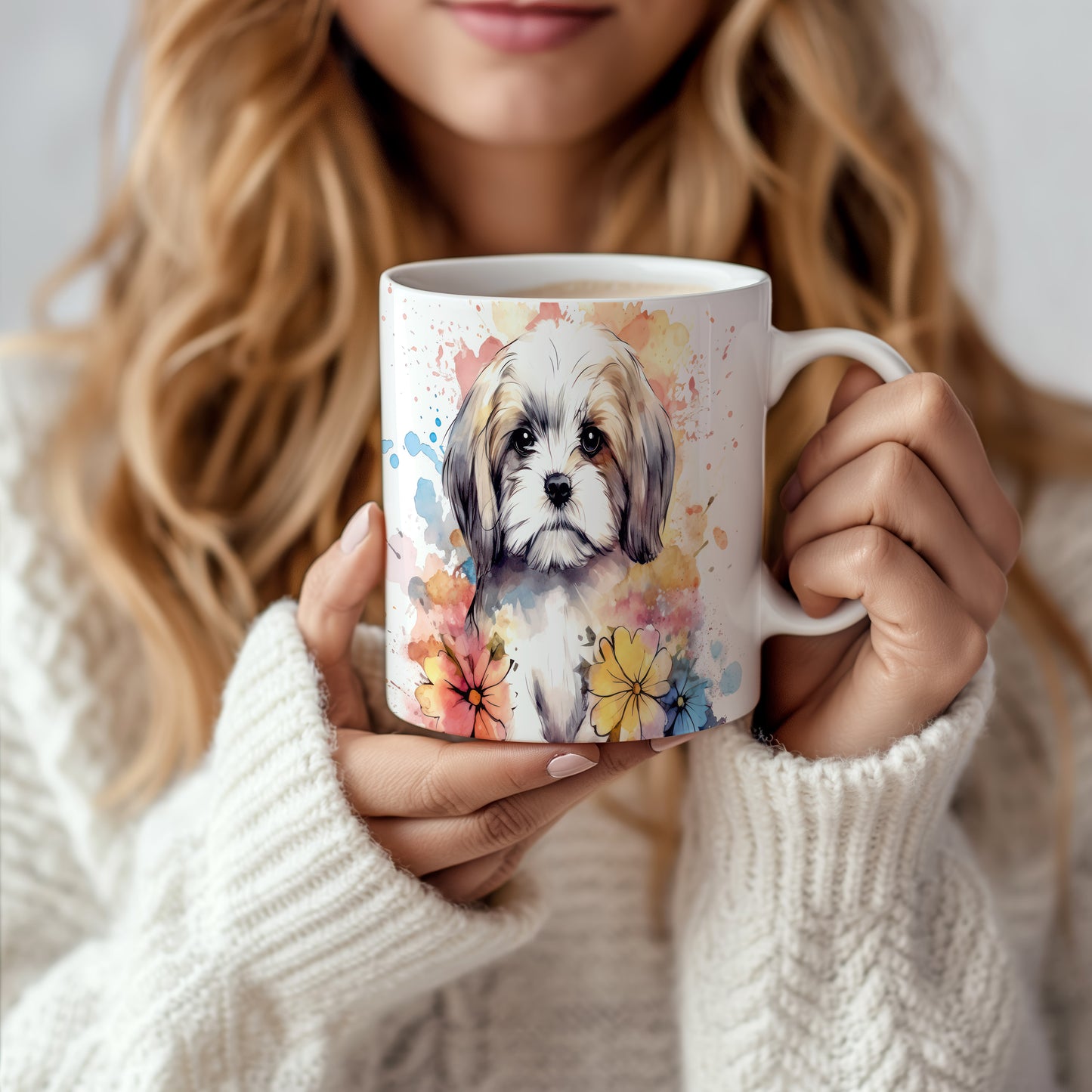Hrnek s ilustrací štěněte a květin - originální dárek – krásný design