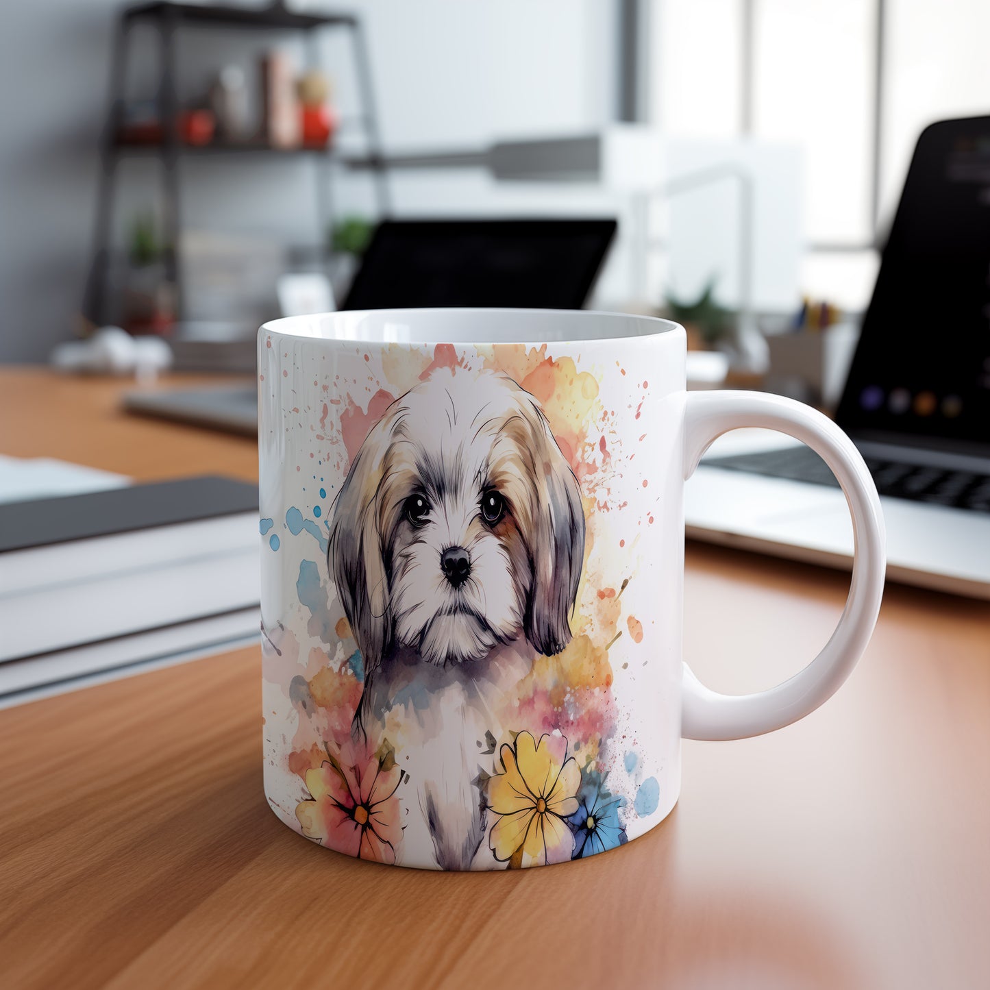 Hrnek s ilustrací štěněte a květin - originální dárek – krásný design