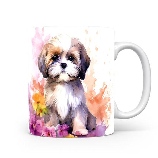 Hrnek s roztomilým štěňátkem a květinami (shih tzu · psi #2)