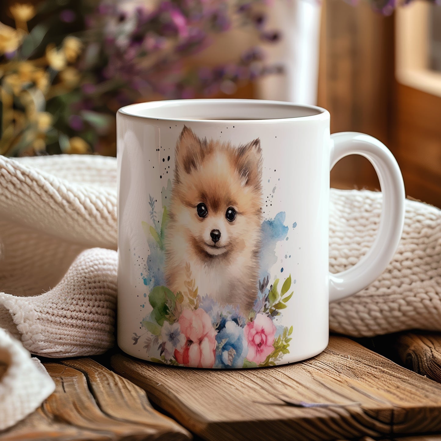 Hrnek s roztomilým pomeranianem a květinovým vzorem