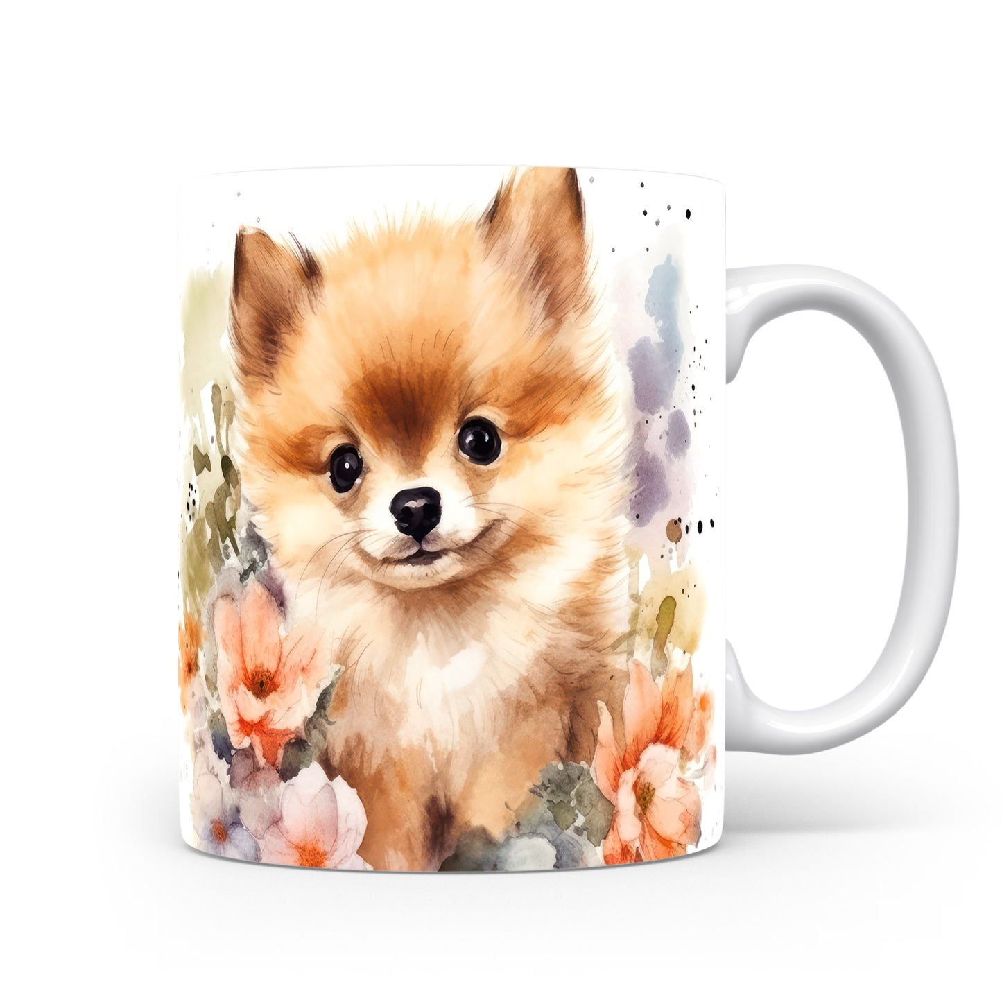 Hrnek s roztomilým pomeranianem a květinovým motivem (rasa:pomeranian · psi #2)