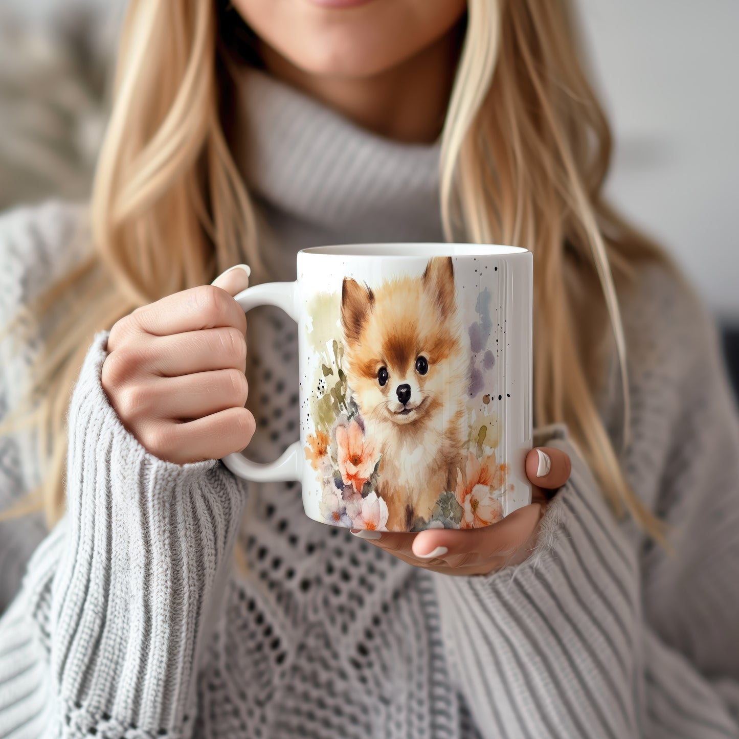 Hrnek s roztomilým pomeranianem a květinovým motivem (rasa:pomeranian · psi #2)
