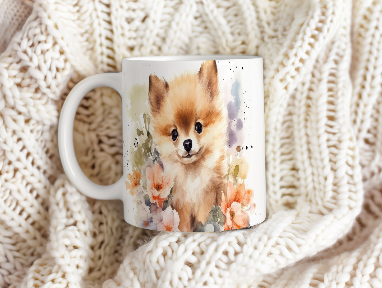 Hrnek s roztomilým pomeranianem a květinovým motivem (rasa:pomeranian · psi #2)
