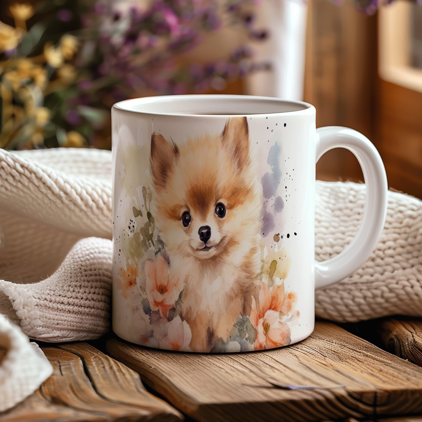 Hrnek s roztomilým pomeranianem a květinovým motivem (rasa:pomeranian · psi #2)