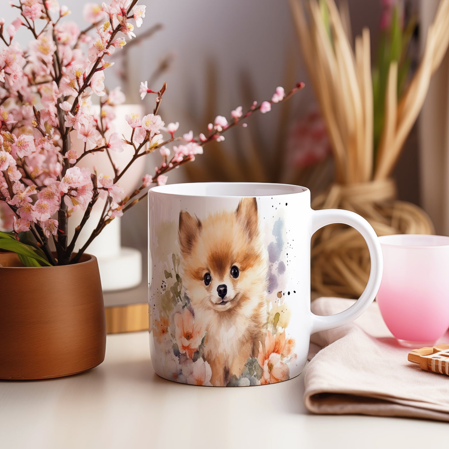 Hrnek s roztomilým pomeranianem a květinovým motivem (rasa:pomeranian · psi #2)