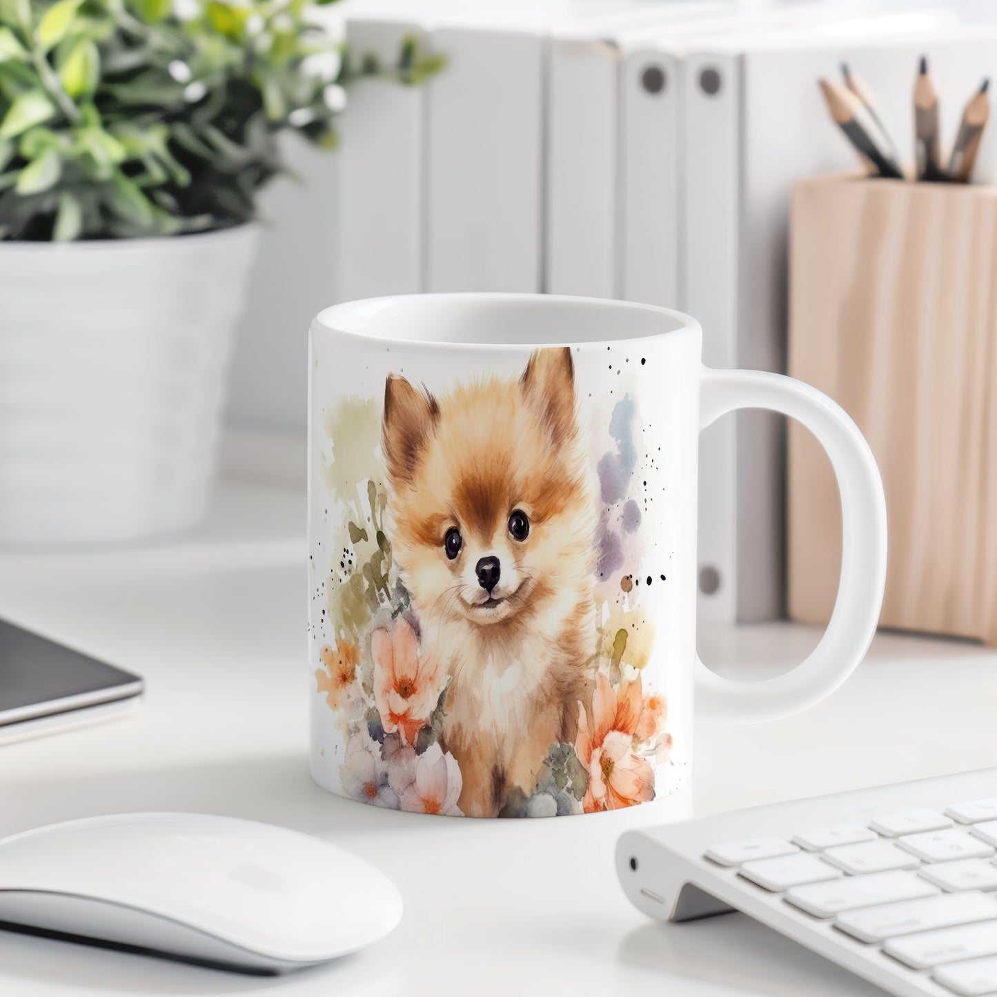 Hrnek s roztomilým pomeranianem a květinovým motivem (rasa:pomeranian · psi #2)