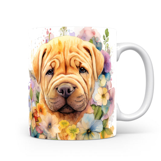Hrnek s ilustrací shar-pei obklopeného květinami