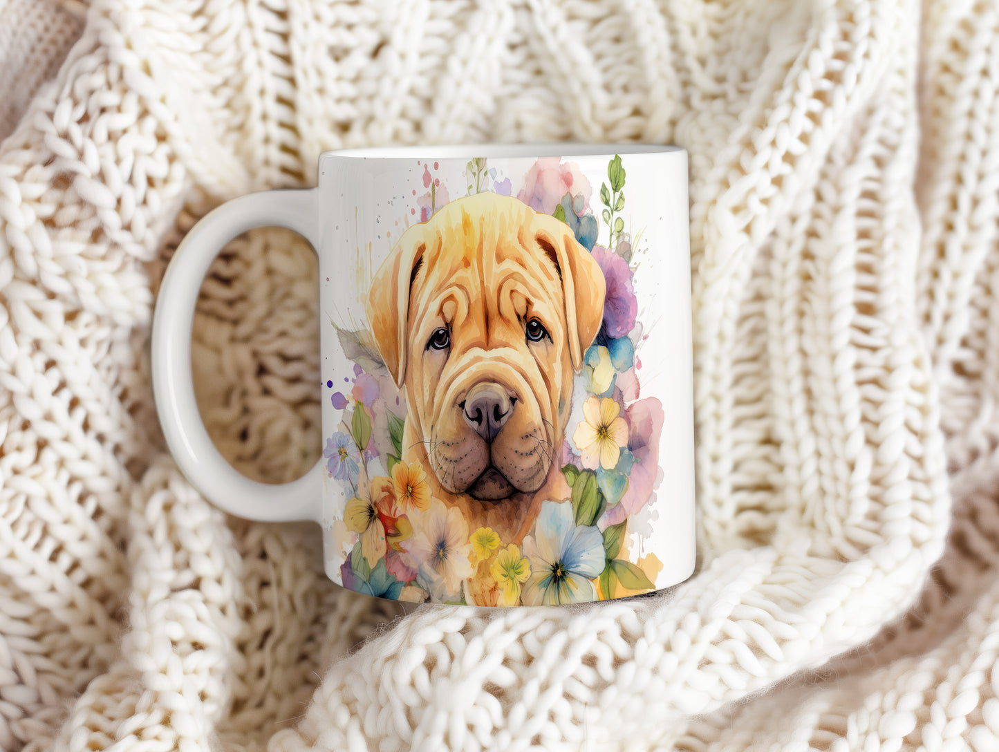 Hrnek s ilustrací shar-pei obklopeného květinami