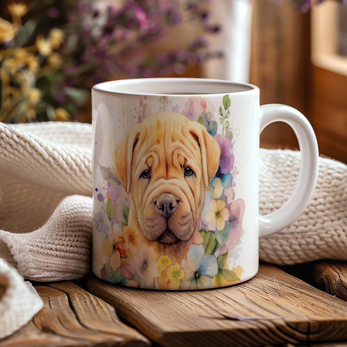 Hrnek s ilustrací shar-pei obklopeného květinami