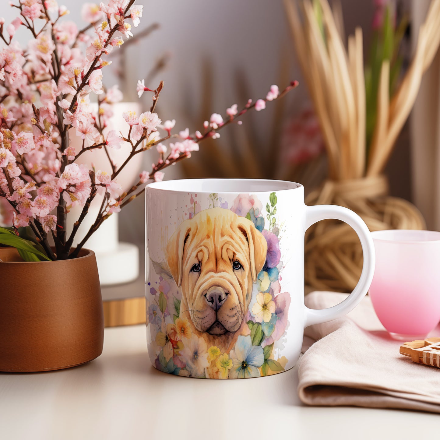 Hrnek s ilustrací shar-pei obklopeného květinami
