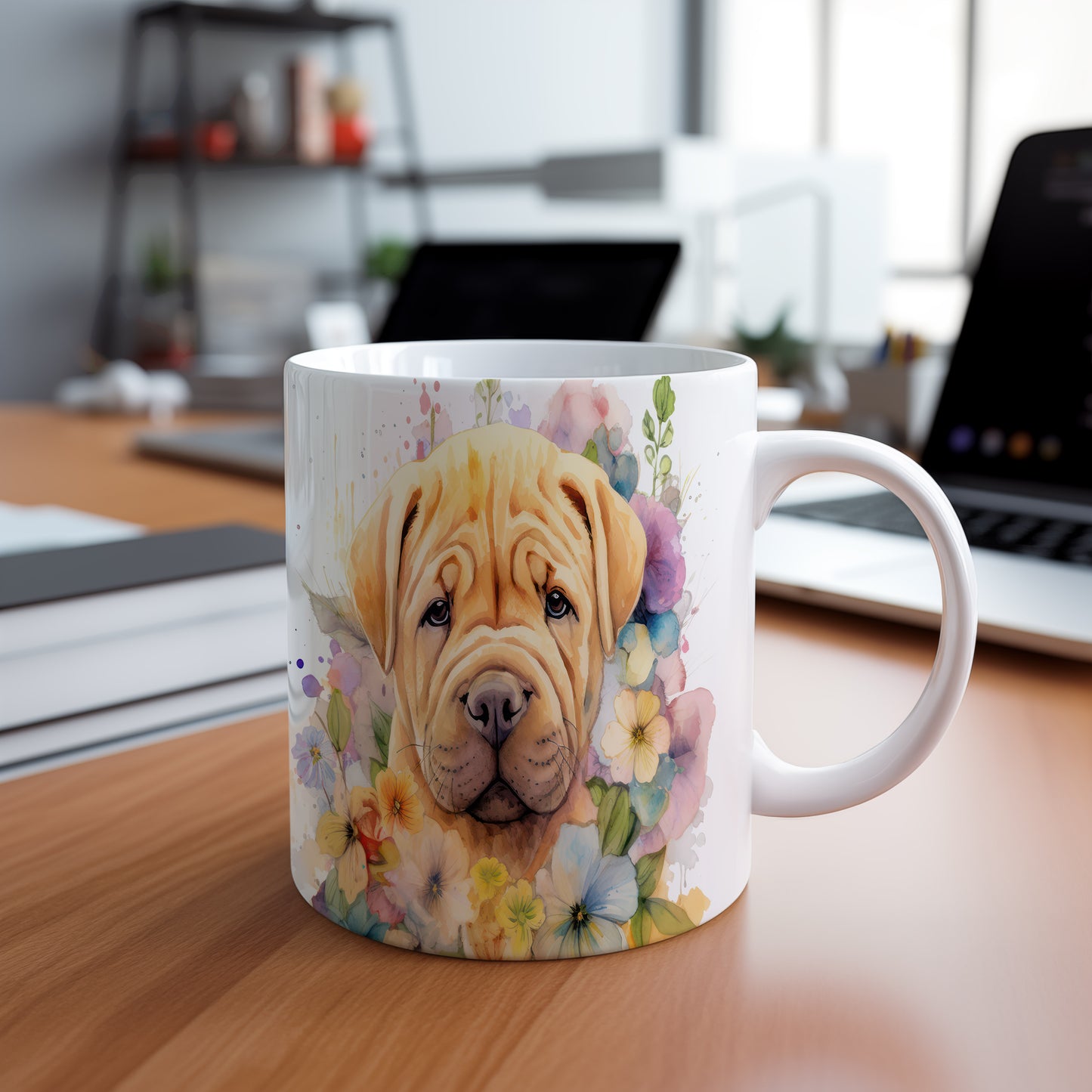 Hrnek s ilustrací shar-pei obklopeného květinami