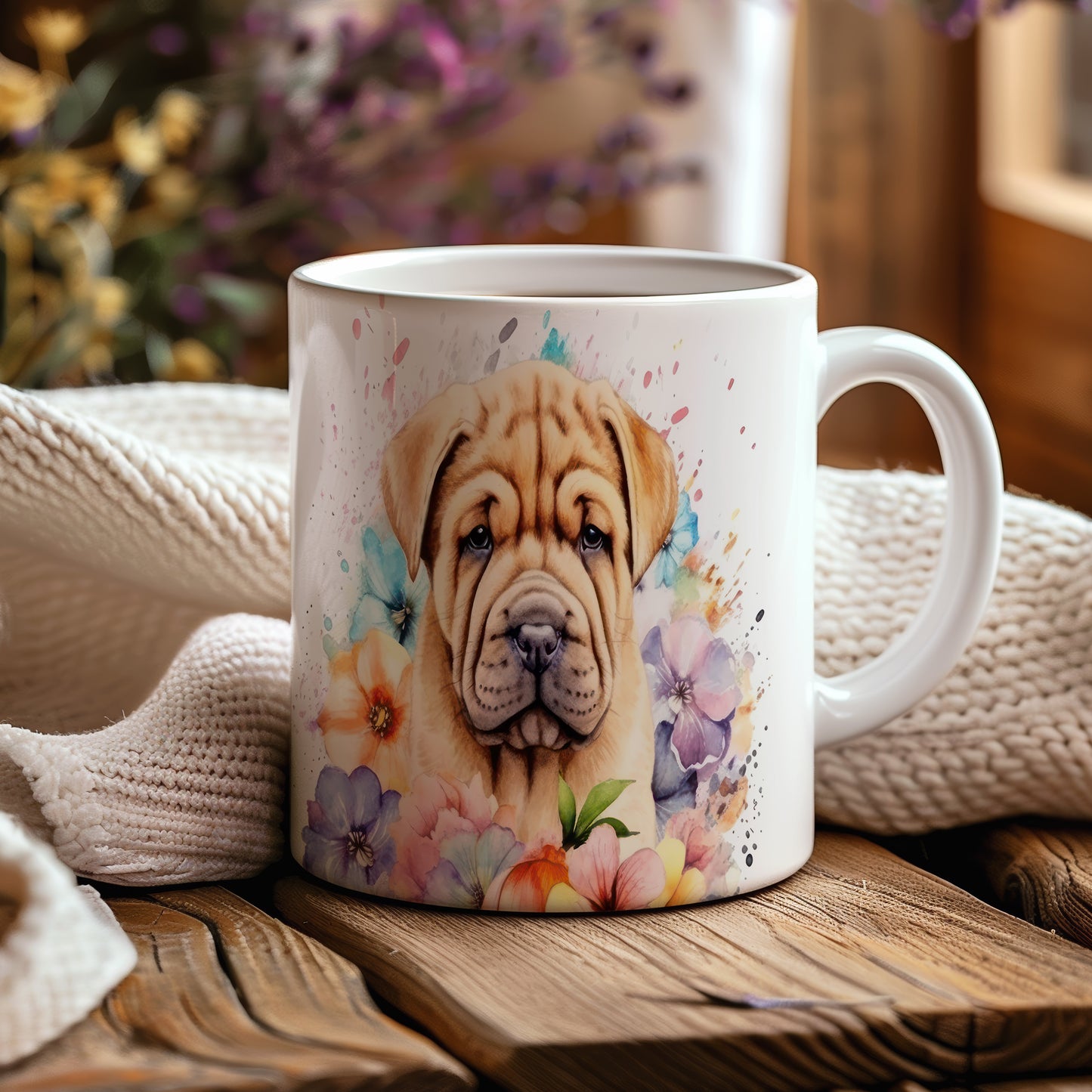 Hrnek s roztomilým štěnětem shar-pei a květinami