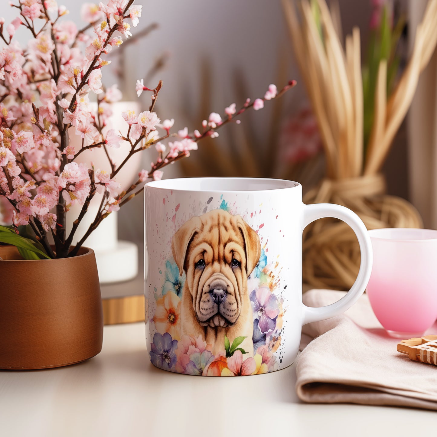 Hrnek s roztomilým štěnětem shar-pei a květinami