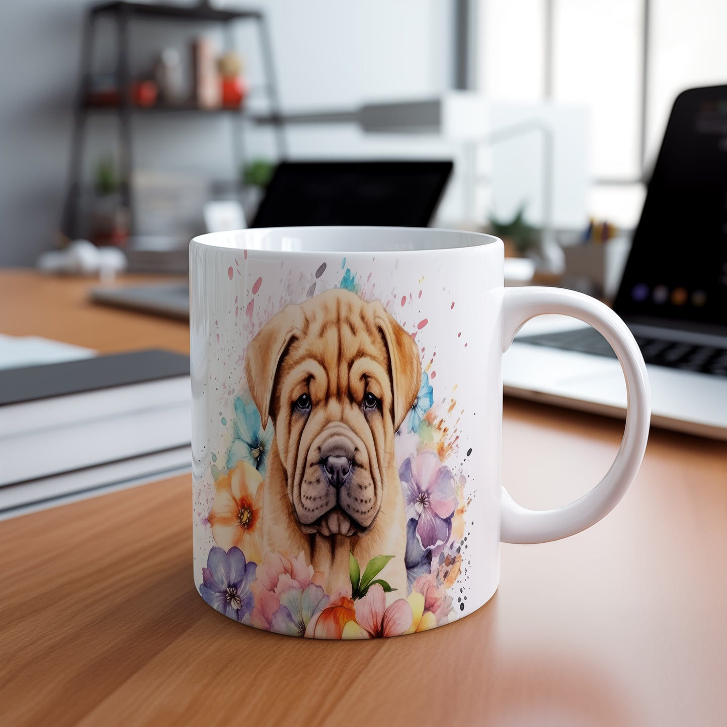 Hrnek s roztomilým štěnětem shar-pei a květinami