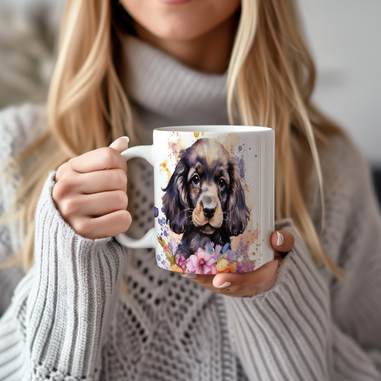 Hrnek s roztomilým štěnětem a květinami - originální design