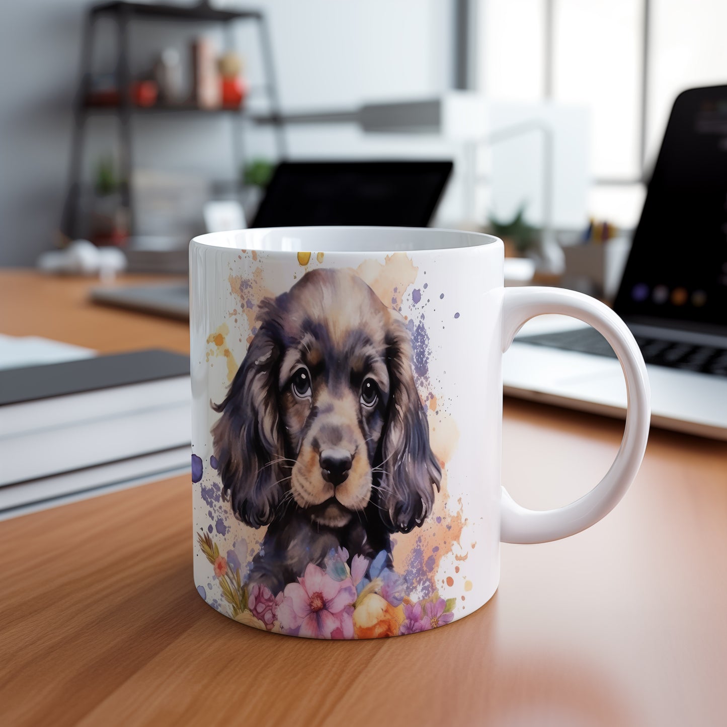 Hrnek s roztomilým štěnětem a květinami - originální design