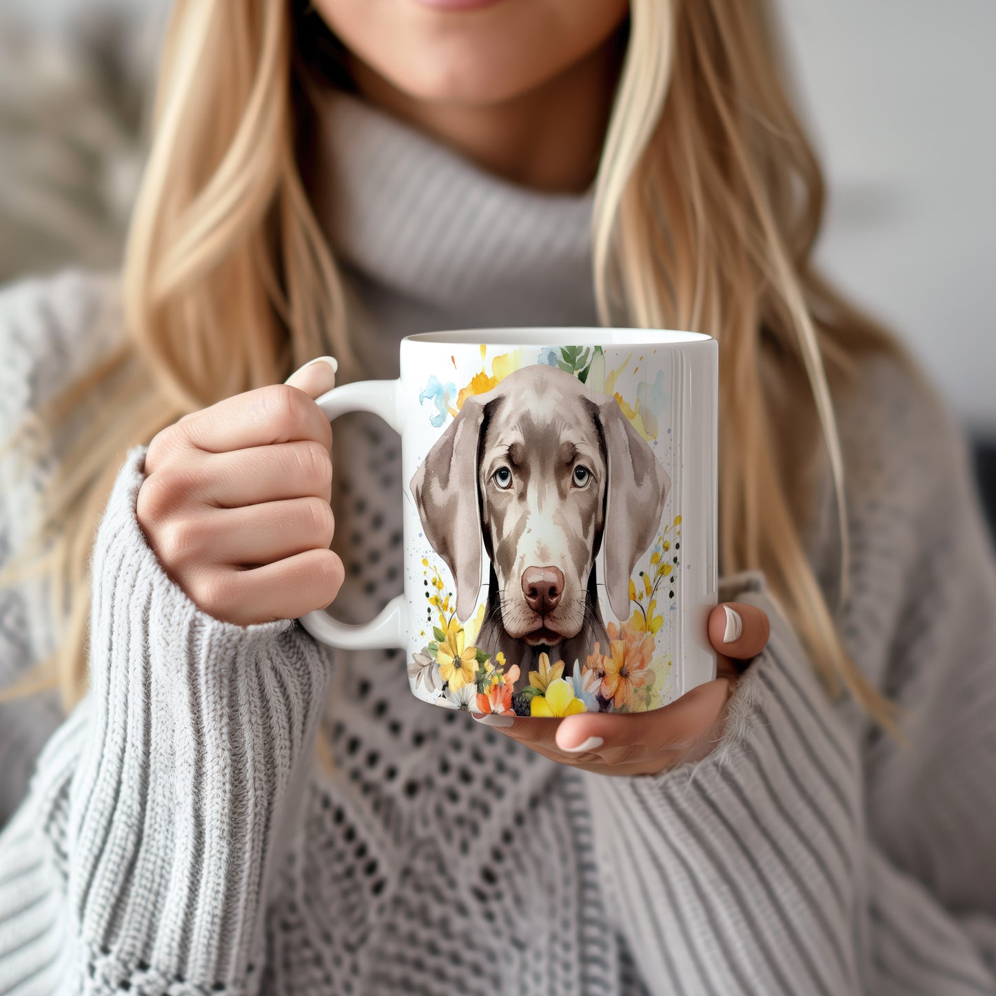 Hrnek s portrétem labradora a barevnými květinami