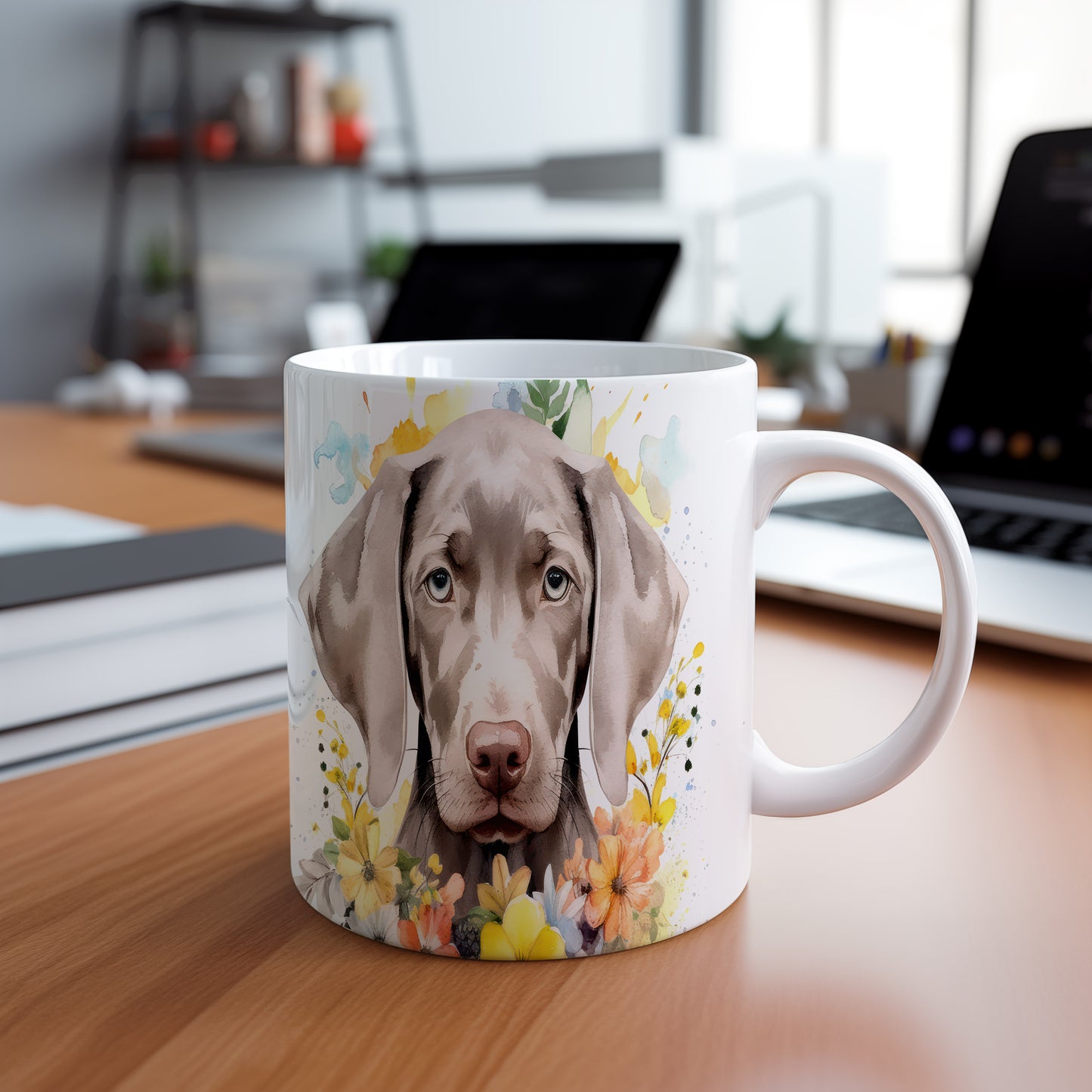 Hrnek s portrétem labradora a barevnými květinami