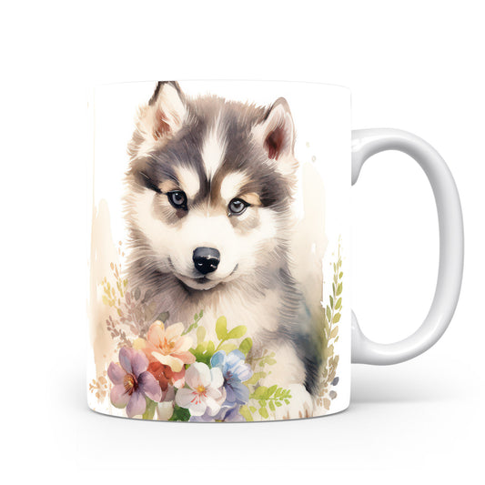 Hrnek se štěnětem huskyho a květinami - originální design