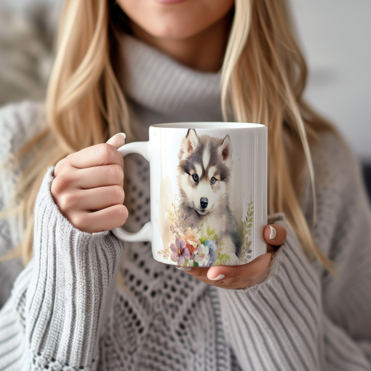 Hrnek se štěnětem huskyho a květinami - originální design