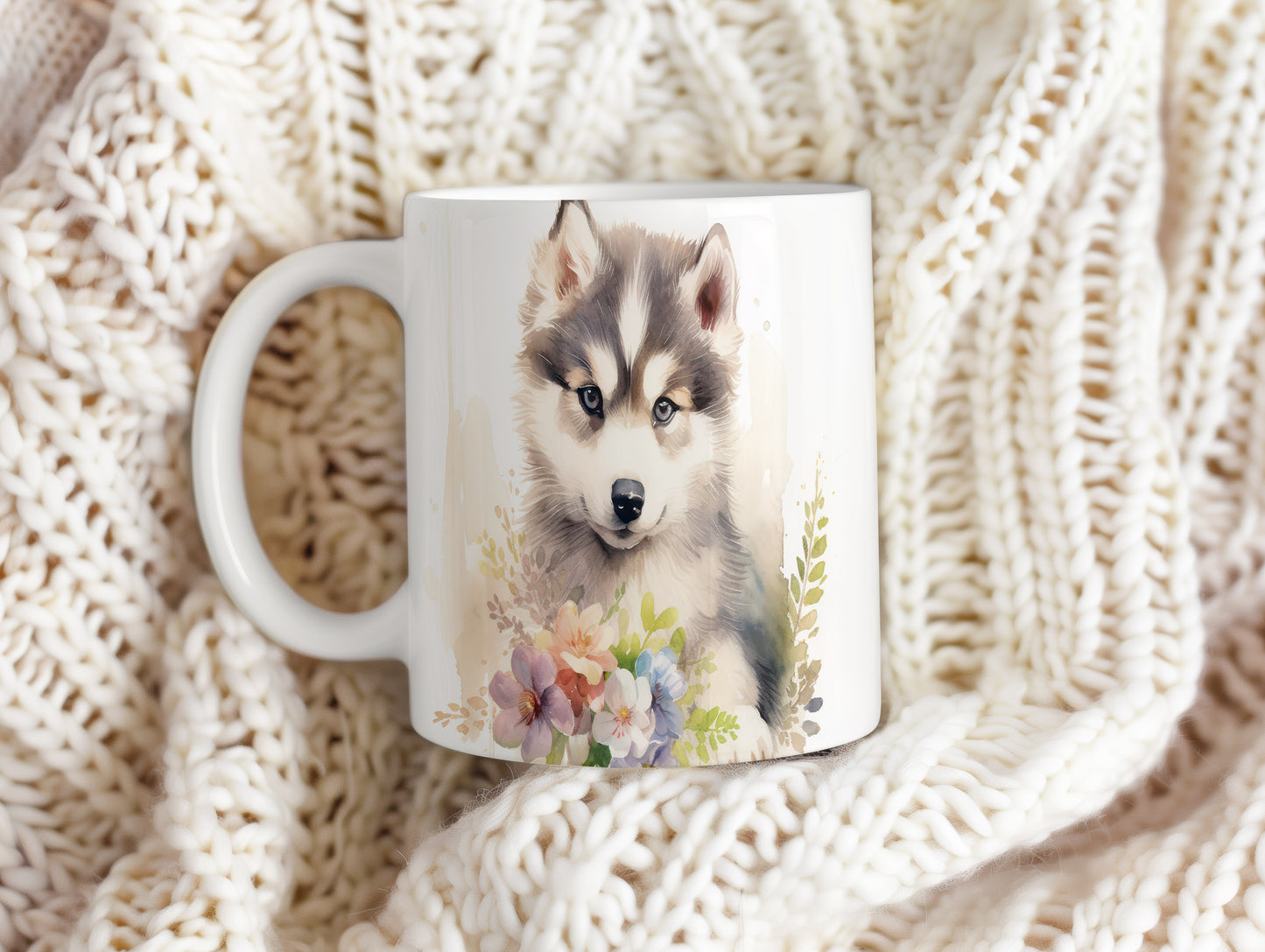 Hrnek se štěnětem huskyho a květinami - originální design