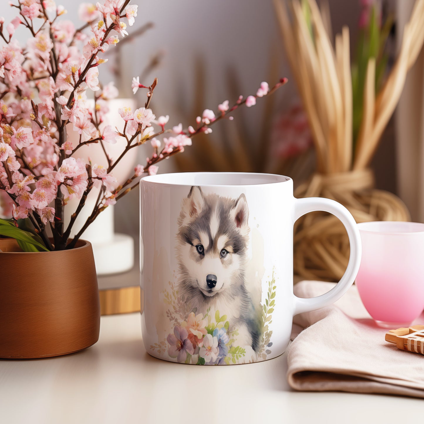 Hrnek se štěnětem huskyho a květinami - originální design