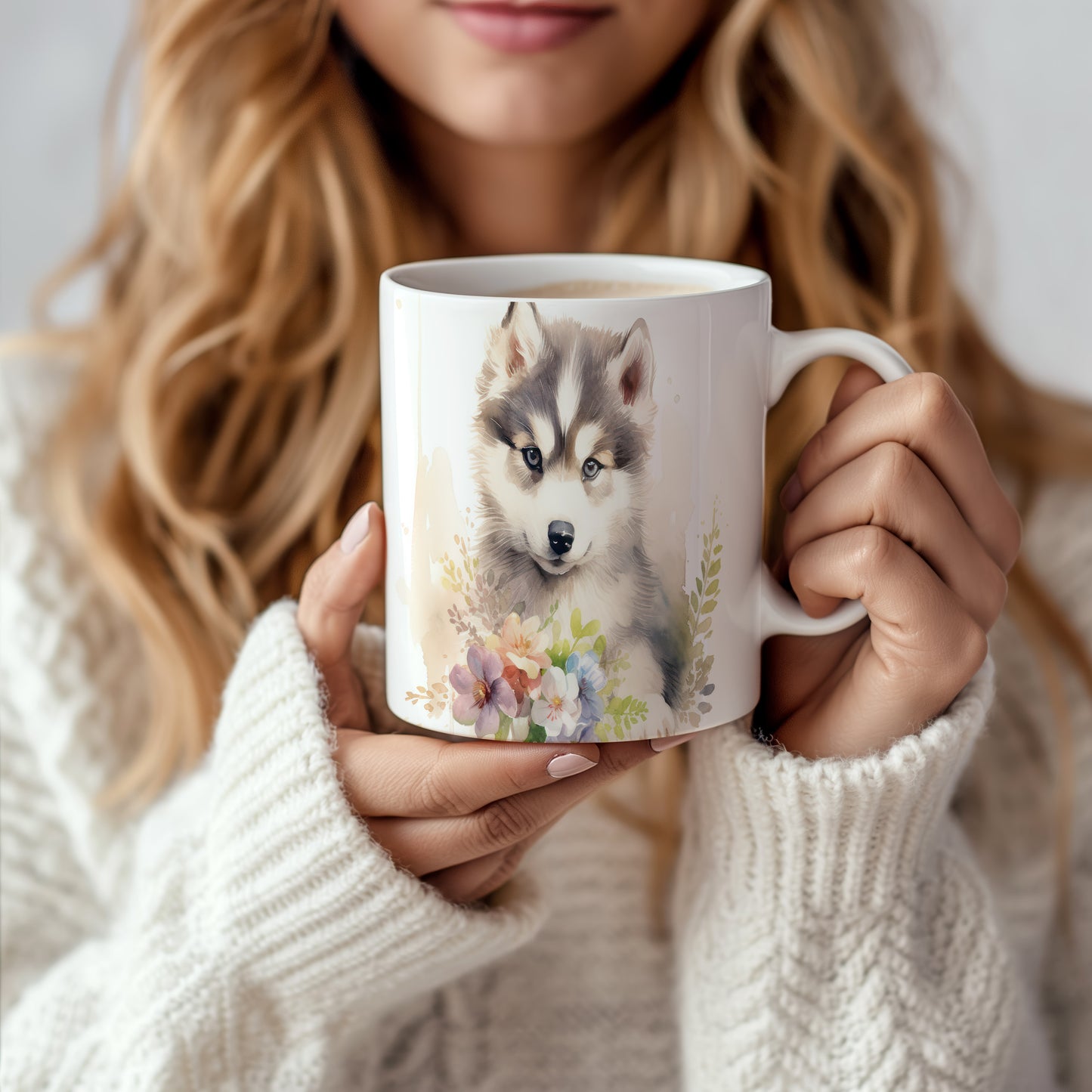 Hrnek se štěnětem huskyho a květinami - originální design