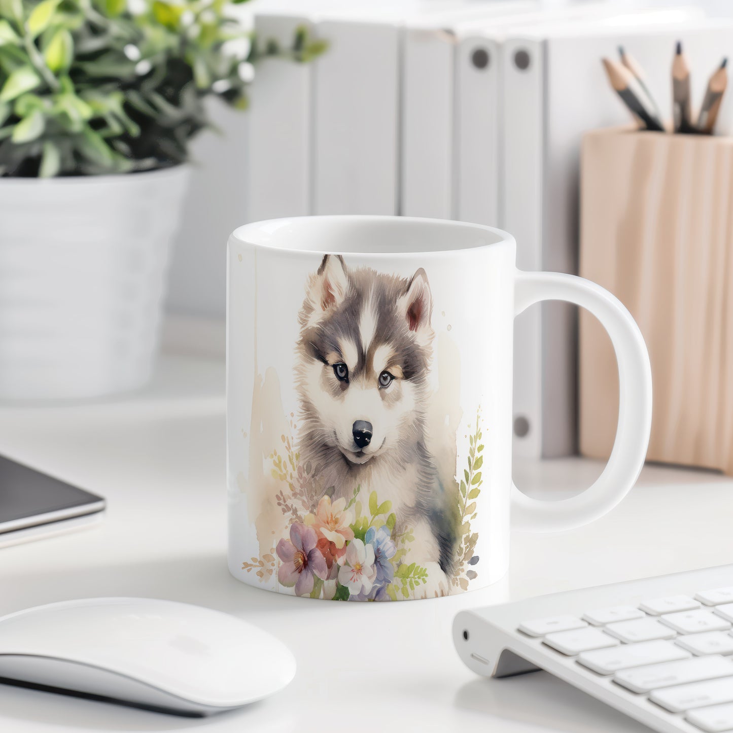 Hrnek se štěnětem huskyho a květinami - originální design