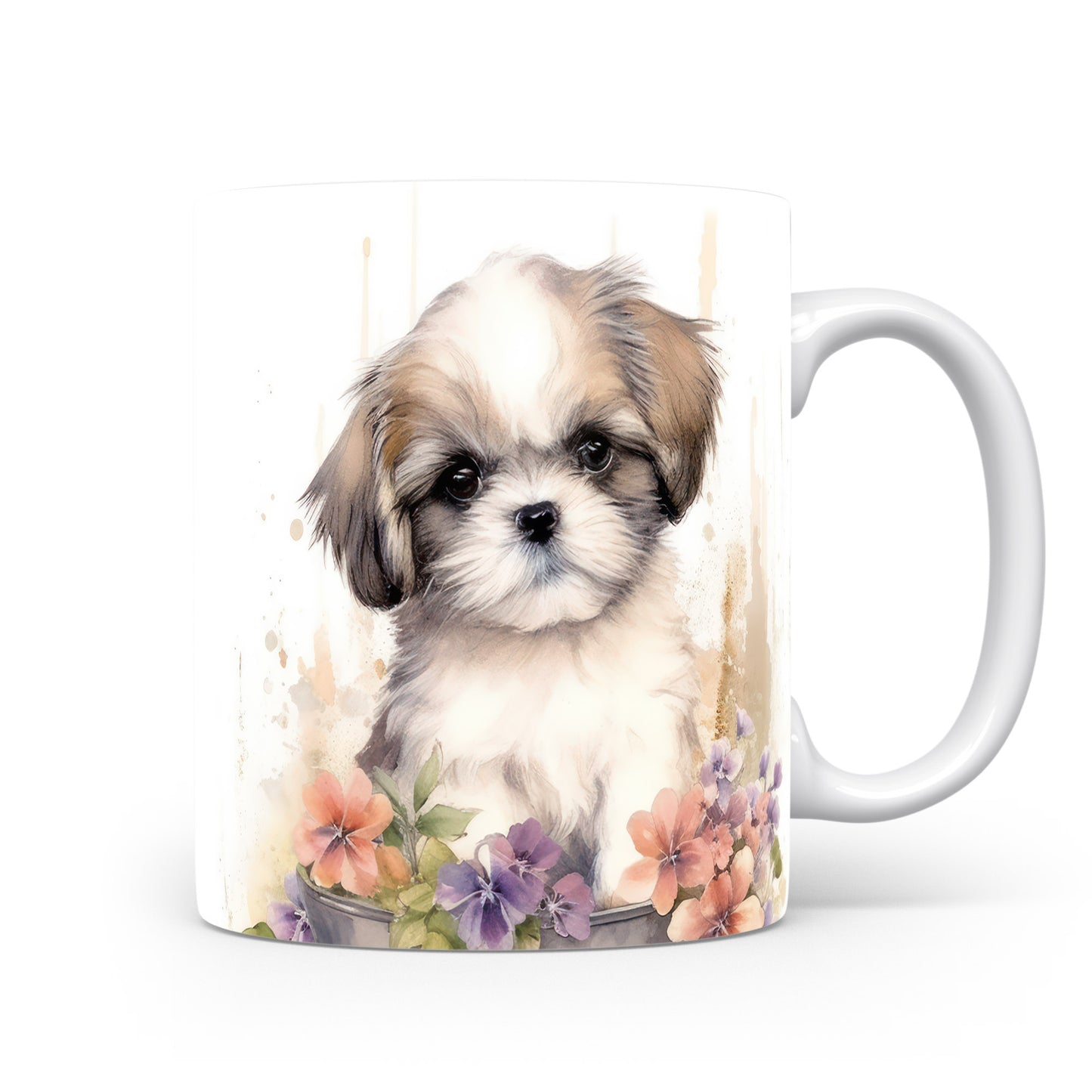 Hrnek s roztomilým shih tzu a květinami v béžových tónech