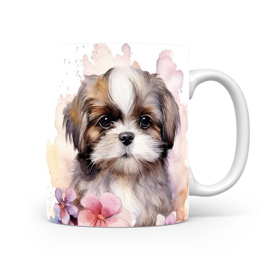 Hrnek s roztomilým shih tzu a pastelovým květinovým motivem