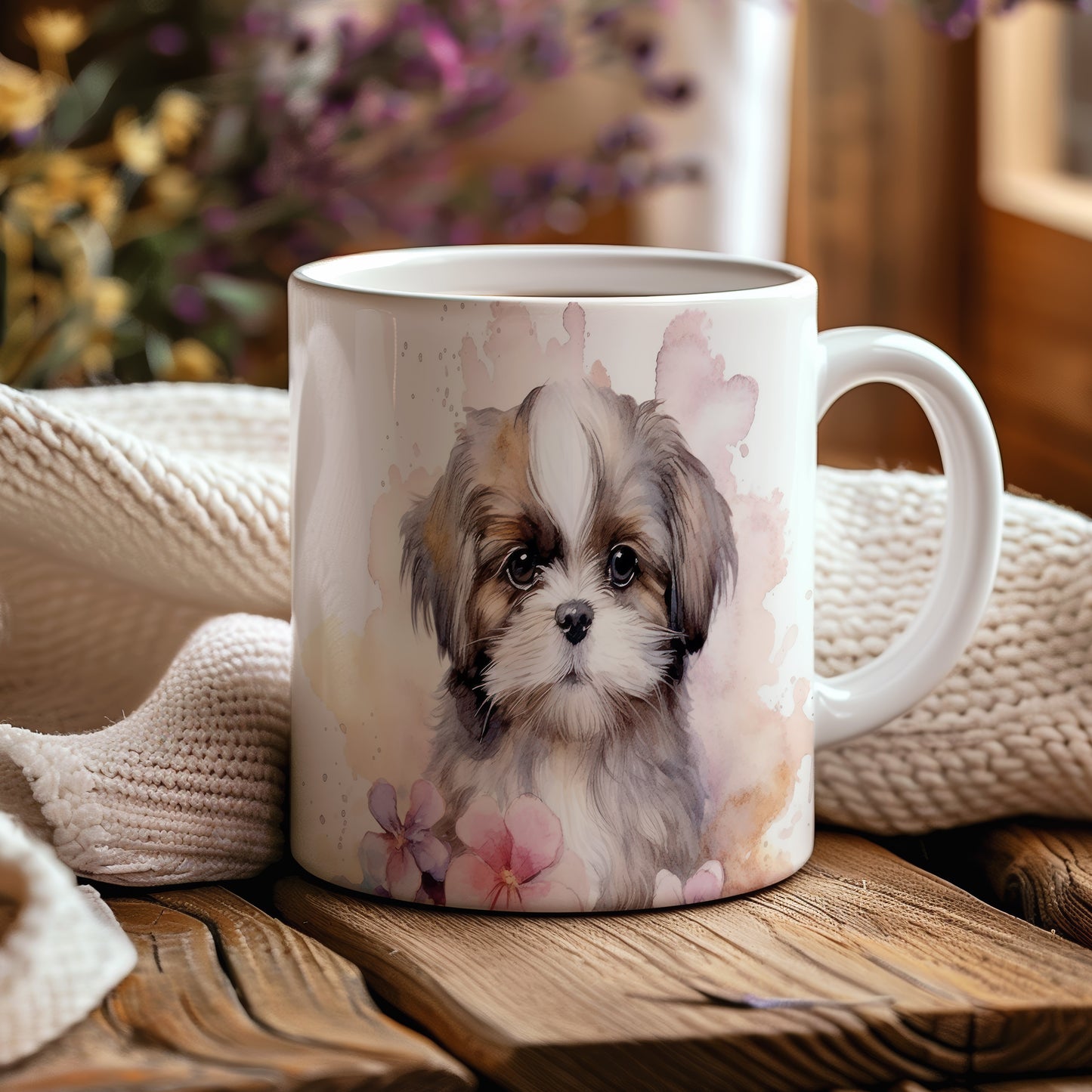 Hrnek s roztomilým shih tzu a pastelovým květinovým motivem