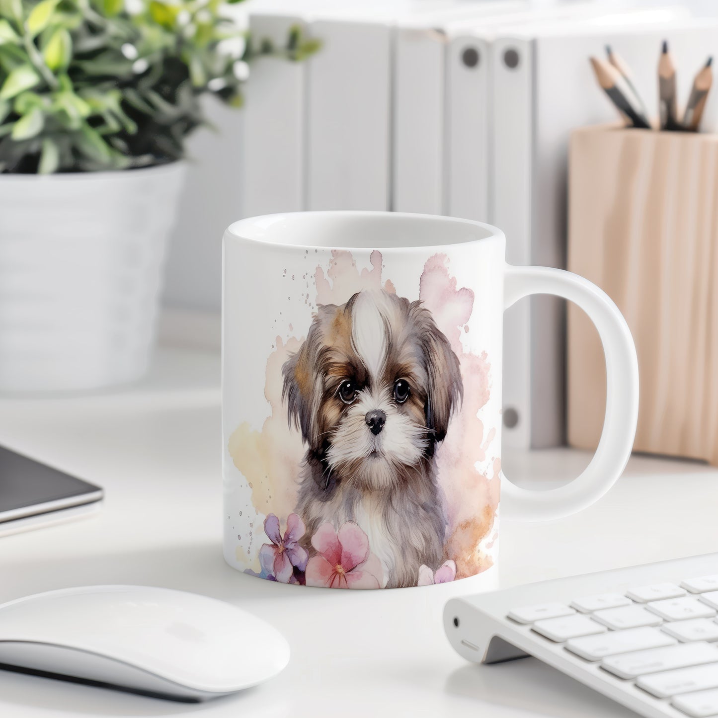 Hrnek s roztomilým shih tzu a pastelovým květinovým motivem