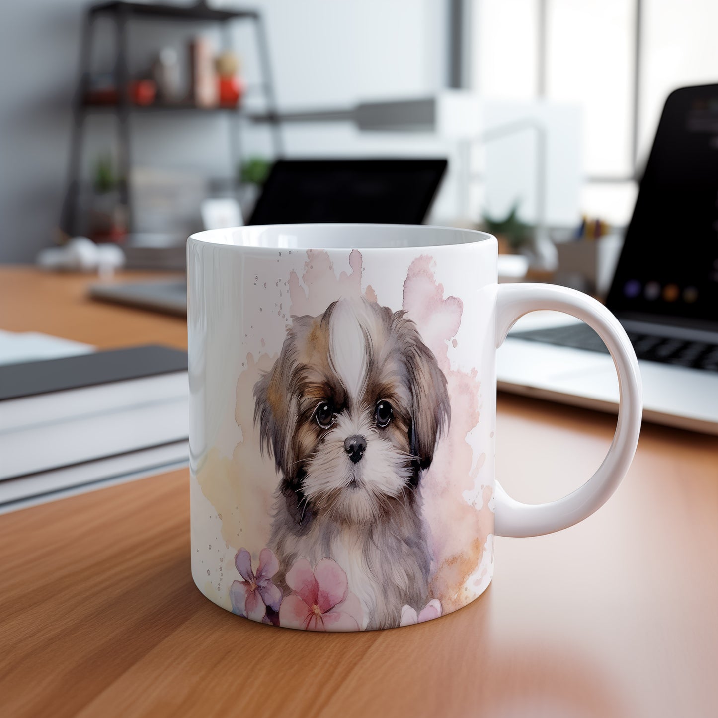 Hrnek s roztomilým shih tzu a pastelovým květinovým motivem