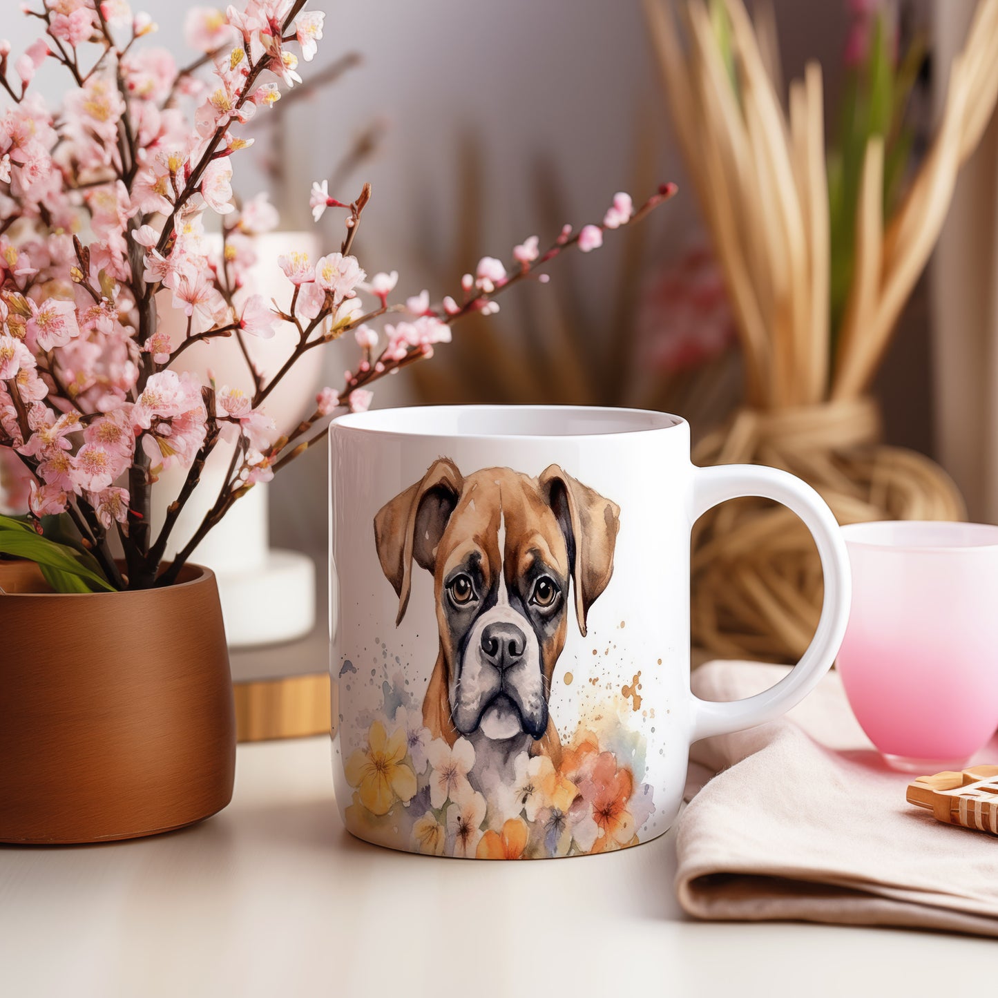 Hrnek s obrazem boxera mezi květinami - originální design