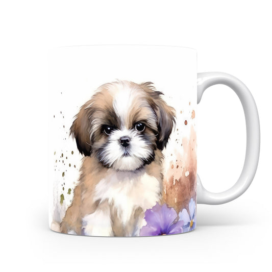 Hrnek s roztomilým shih tzu a květinovou ilustrací