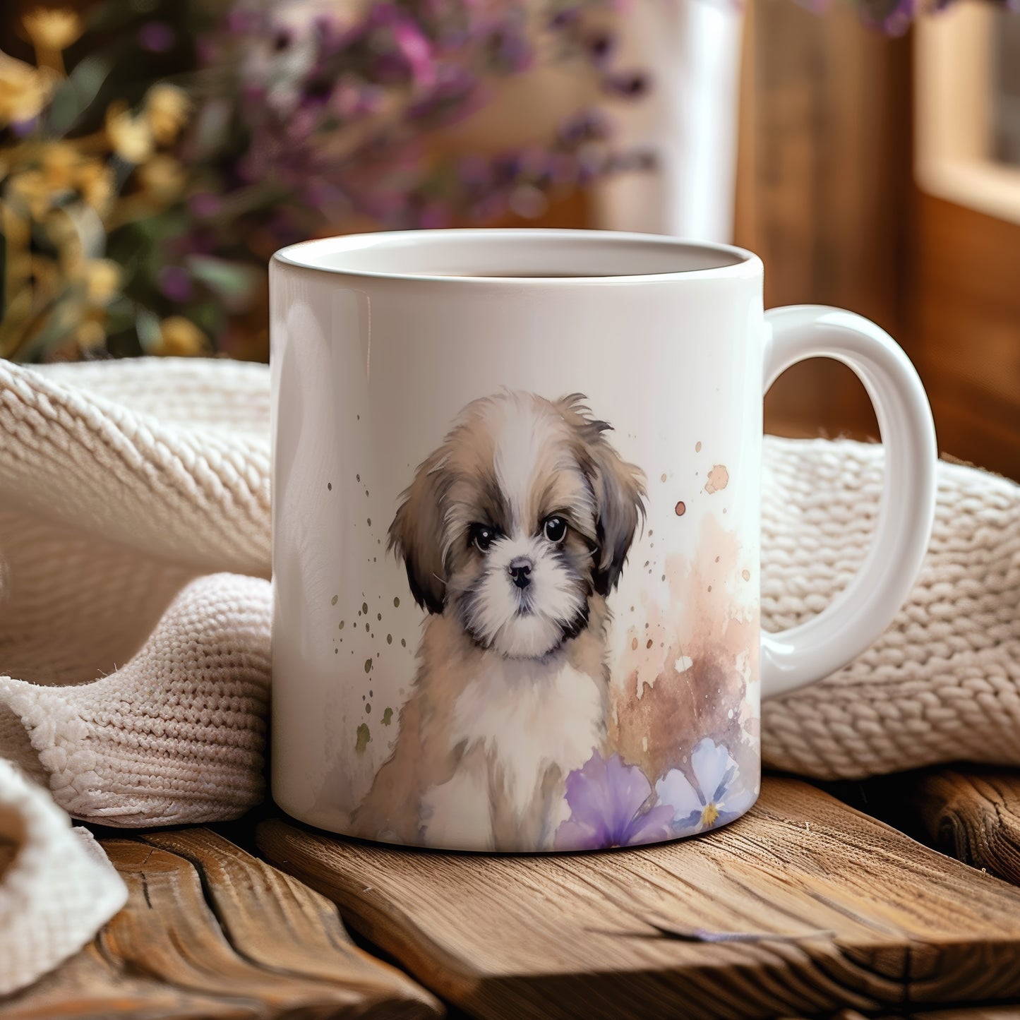 Hrnek s roztomilým shih tzu a květinovou ilustrací