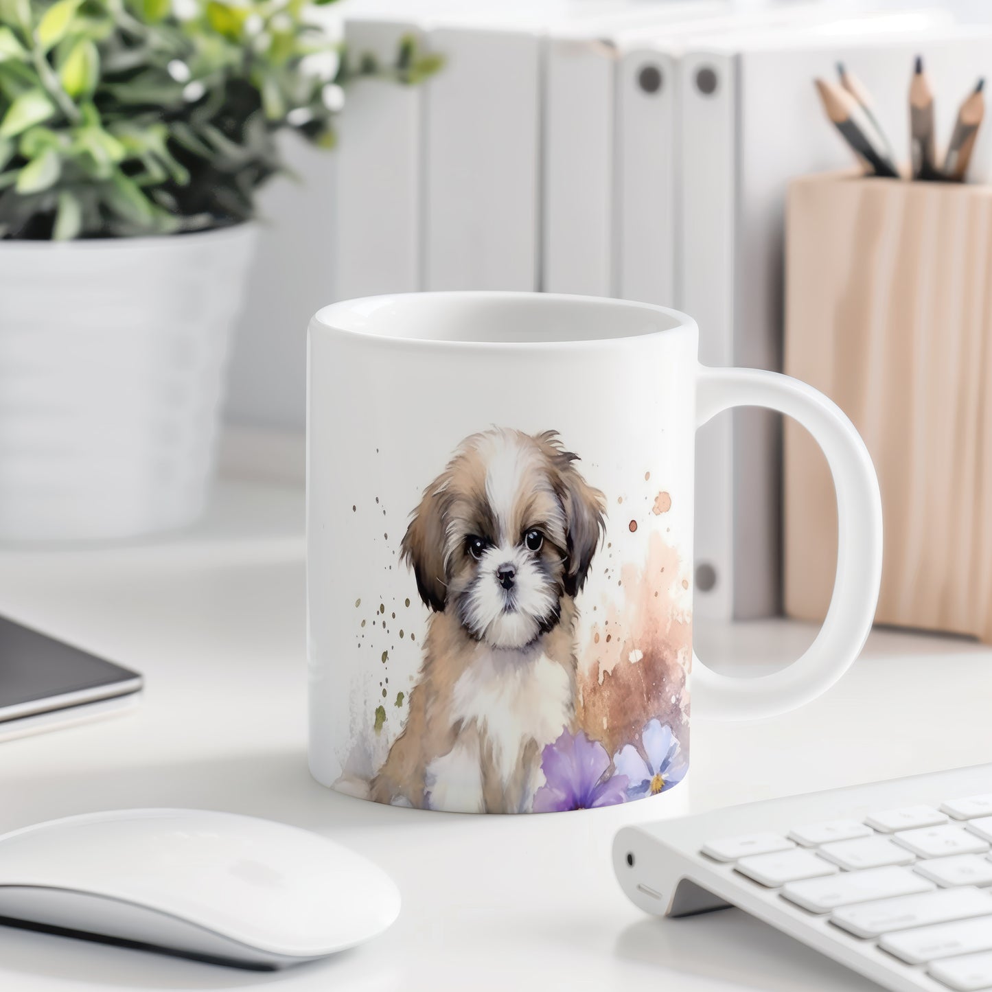 Hrnek s roztomilým shih tzu a květinovou ilustrací