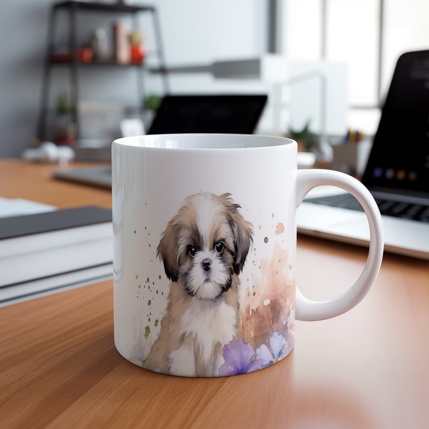 Hrnek s roztomilým shih tzu a květinovou ilustrací