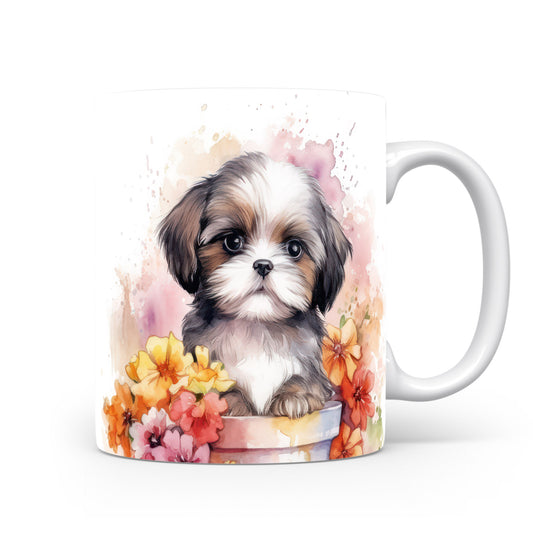 Hrnek s roztomilým shih tzu a květinami v pastelových tónech