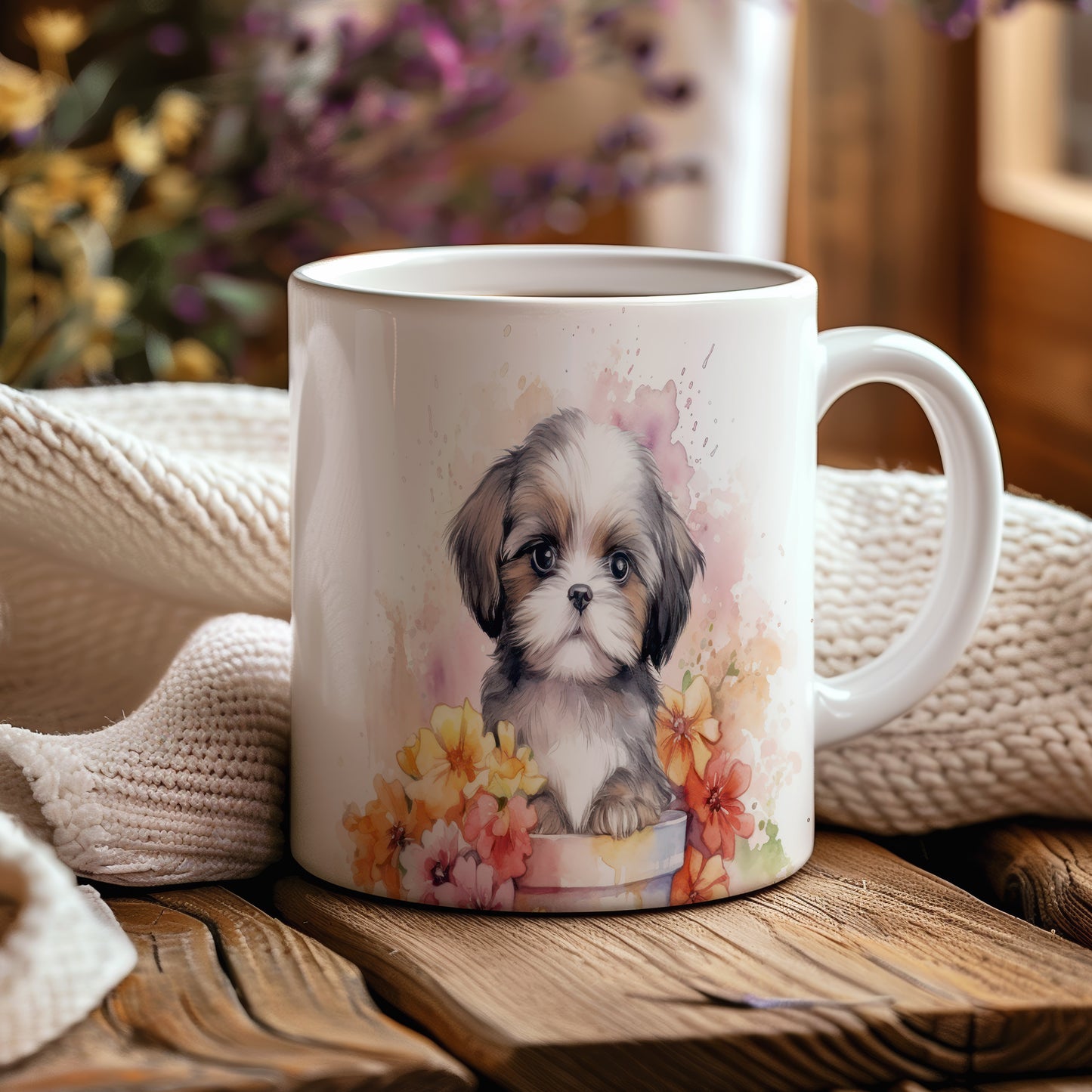 Hrnek s roztomilým shih tzu a květinami v pastelových tónech