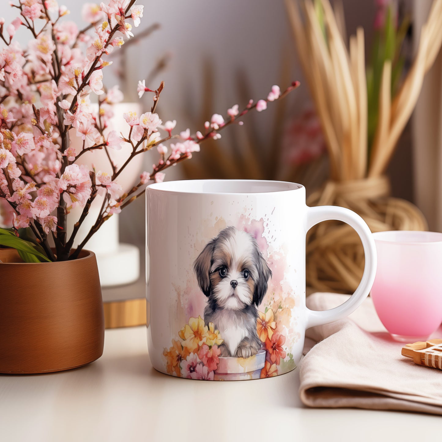 Hrnek s roztomilým shih tzu a květinami v pastelových tónech