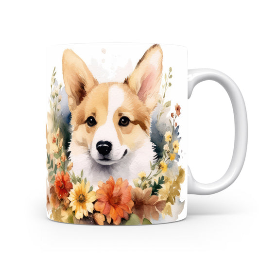 Hrnek s ilustrací roztomilého corgiho obklopeného květinami