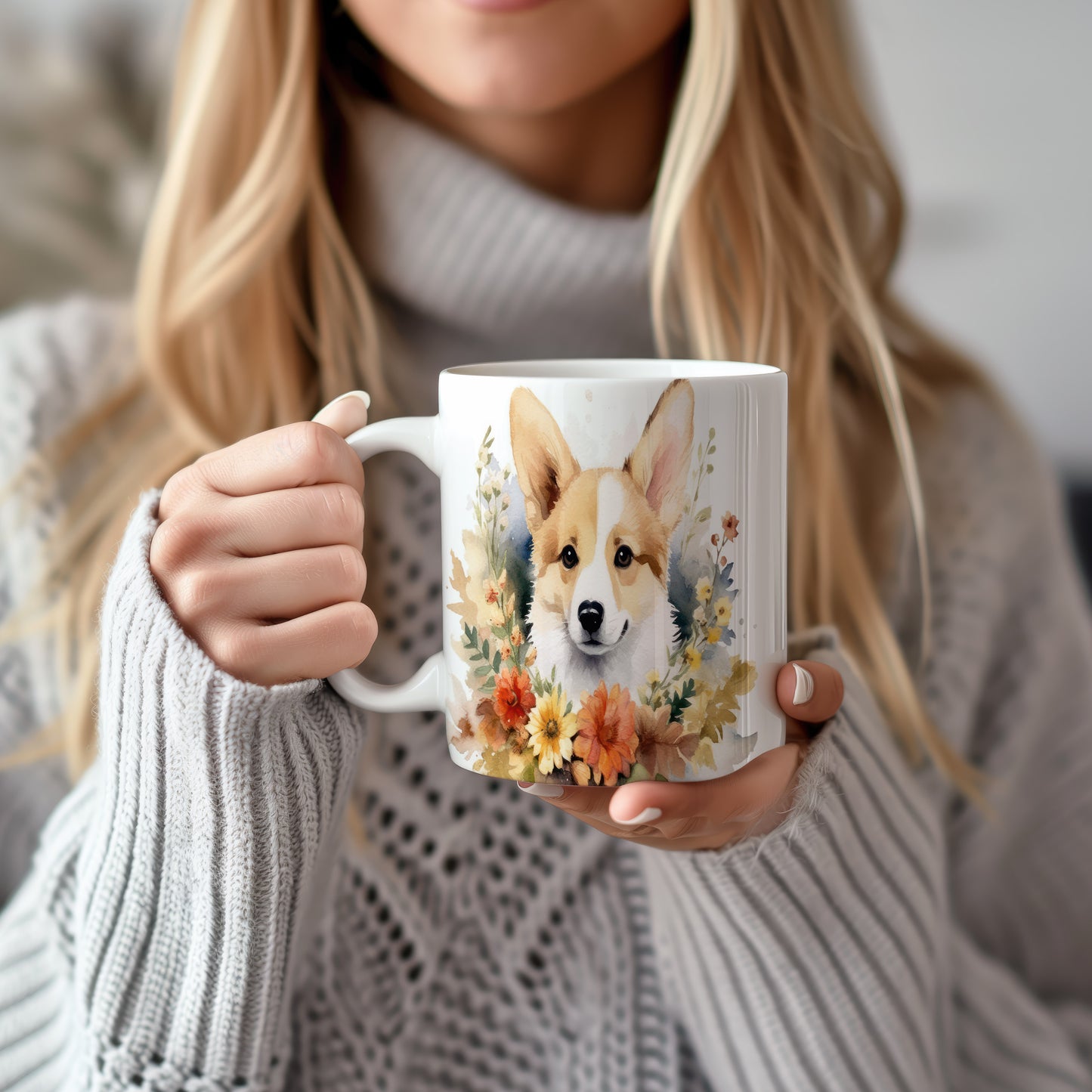 Hrnek s ilustrací roztomilého corgiho obklopeného květinami